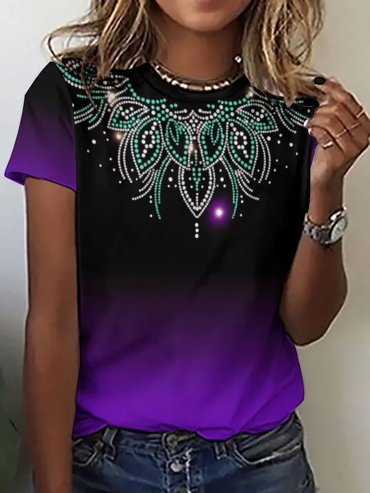 Printed Short Sleeve Casual T-shirt for  Women and Men Unisex Pattern Floral, Purple, Black