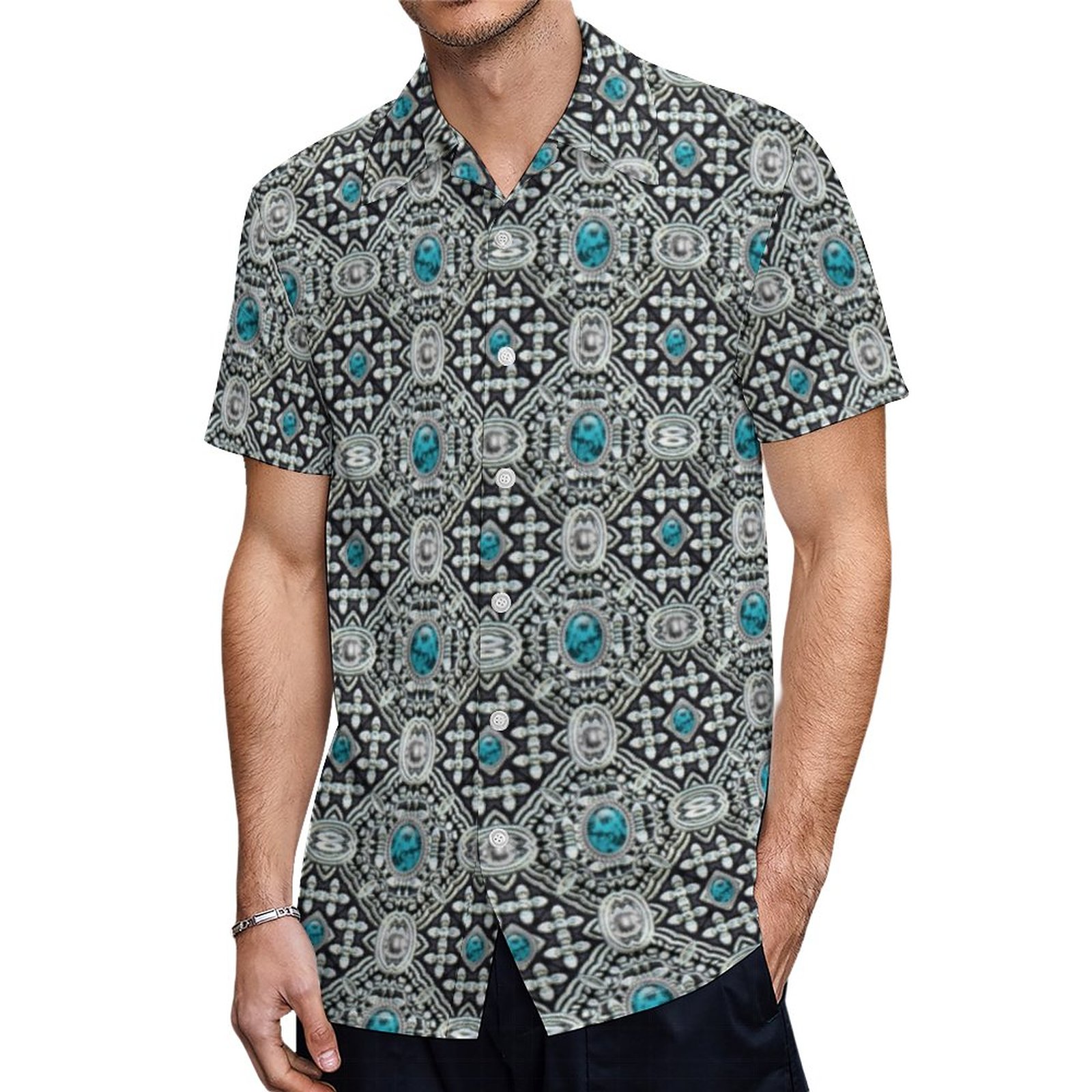 Silver And Turquoise Southwestern Hawaiian Shirt Mens Button Down Plus Size Tropical Hawaii Beach Shirts
