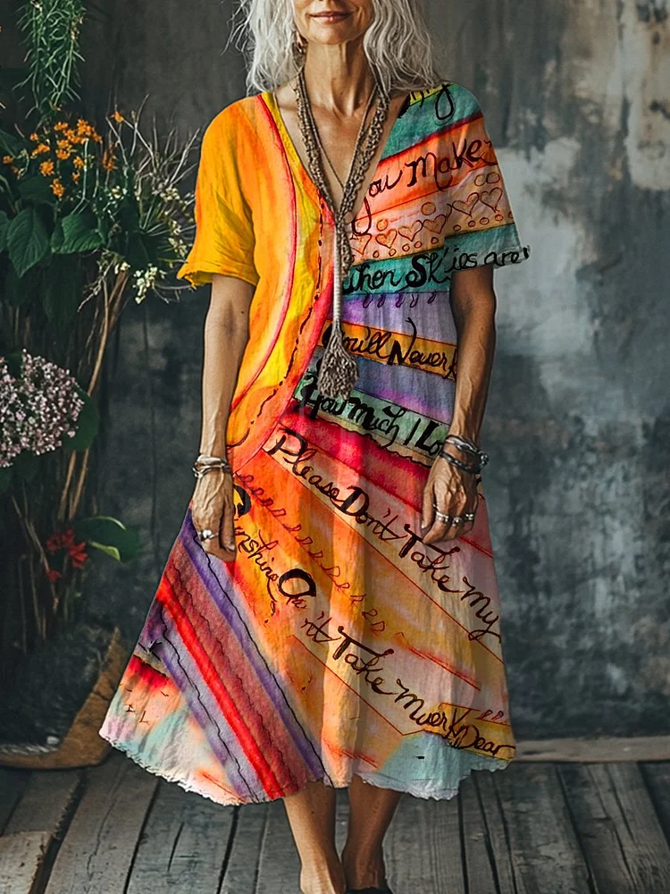 Women's Boho Vintage Art Print Pocket Cotton Dress