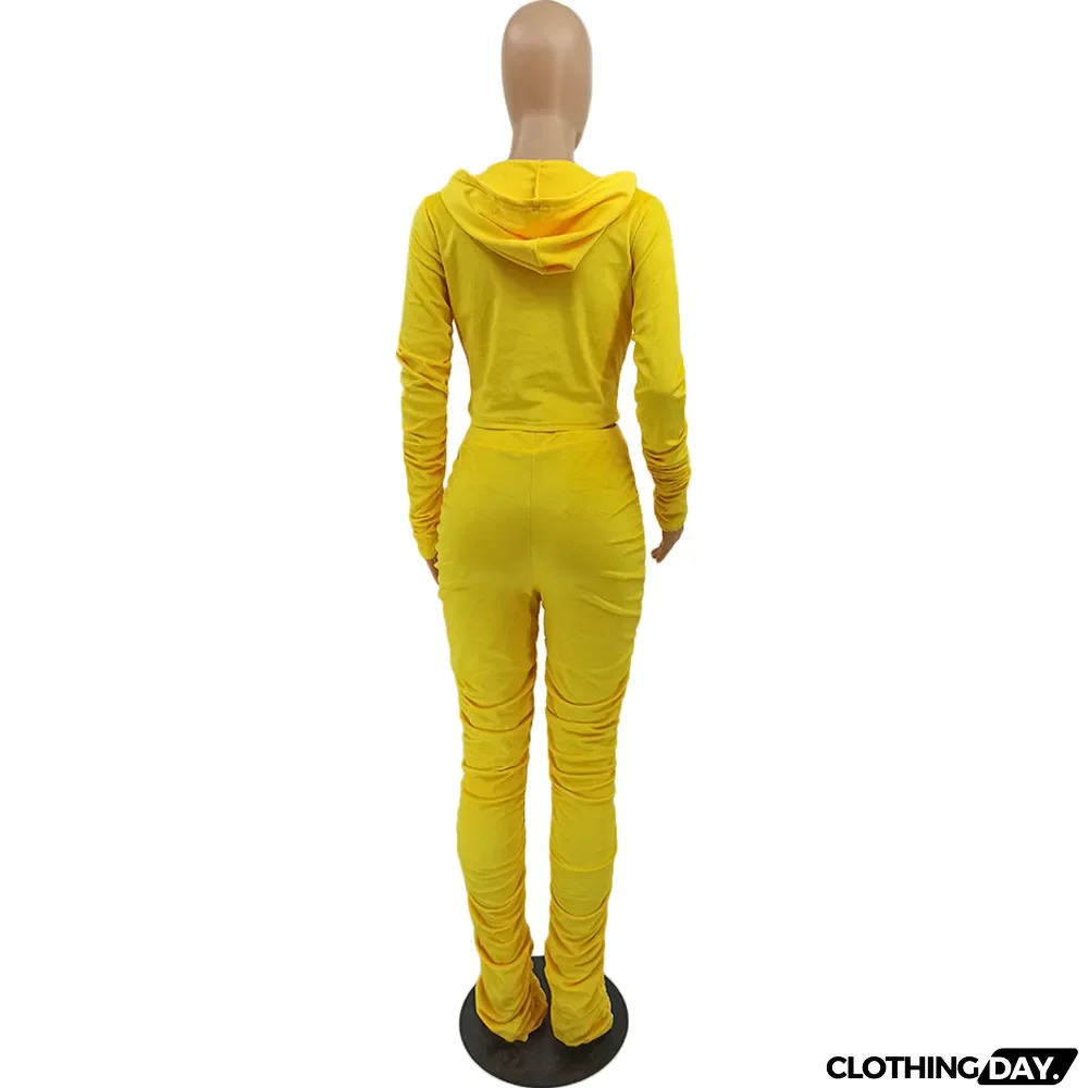 Velvet Pleated Zipper Hooded Jacket Skinny Pants Suit