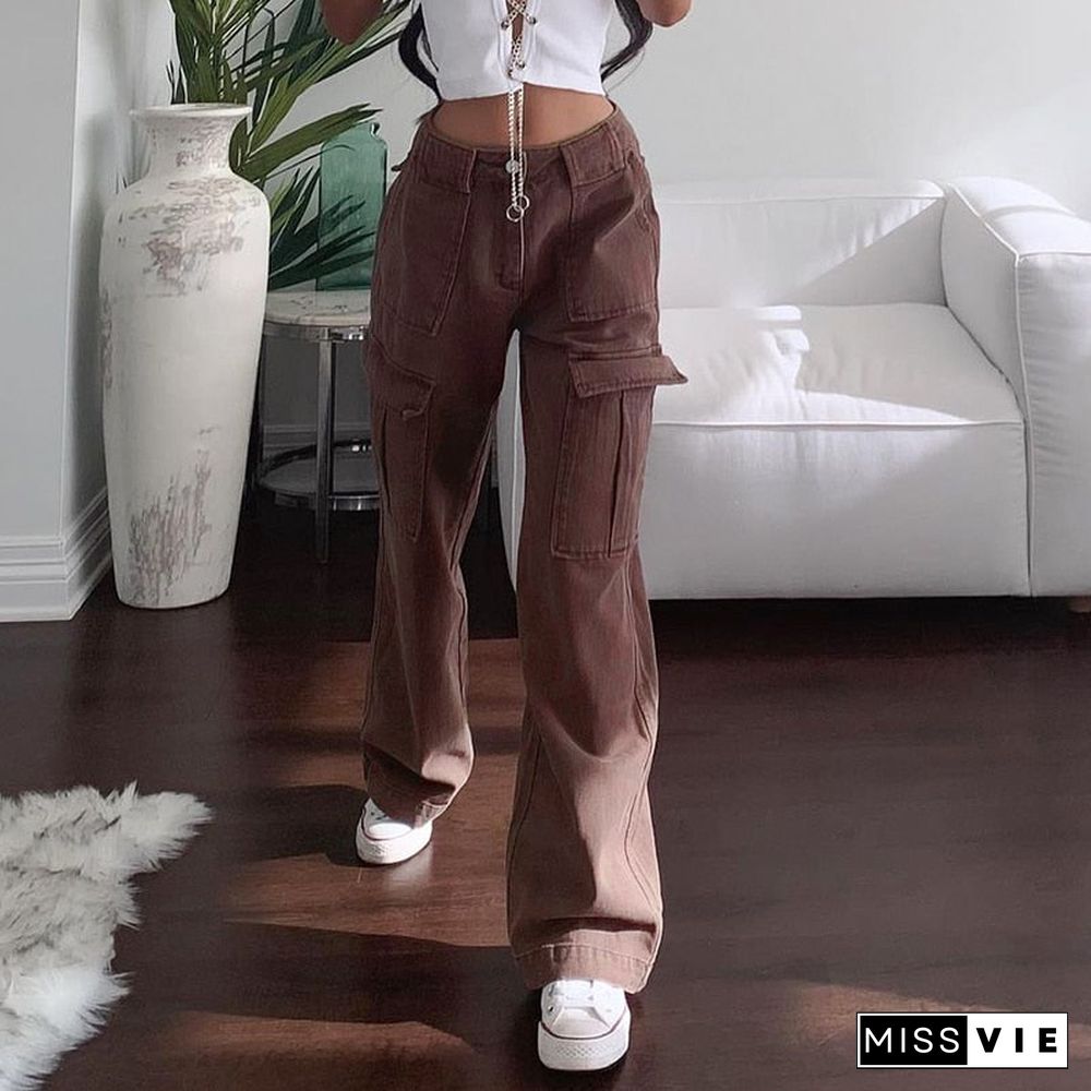 Streetwear Women Jeans Pocket Patchwork Cargo Pants High Waist Baggy Straight Denim Trousers Summer Cotton Harajuku