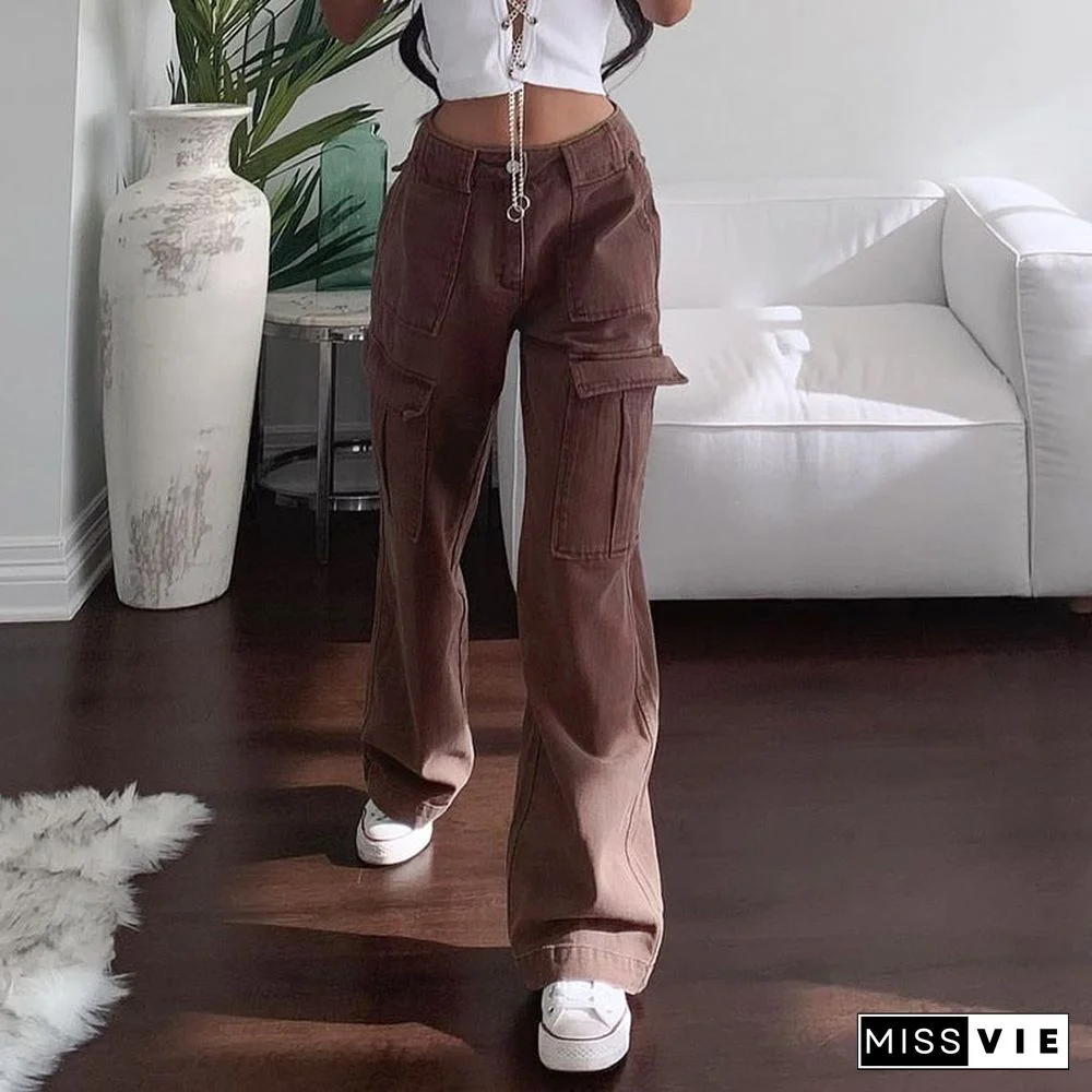 Streetwear Women Jeans Pocket Patchwork Cargo Pants High Waist Baggy Straight Denim Trousers Summer Cotton Harajuku