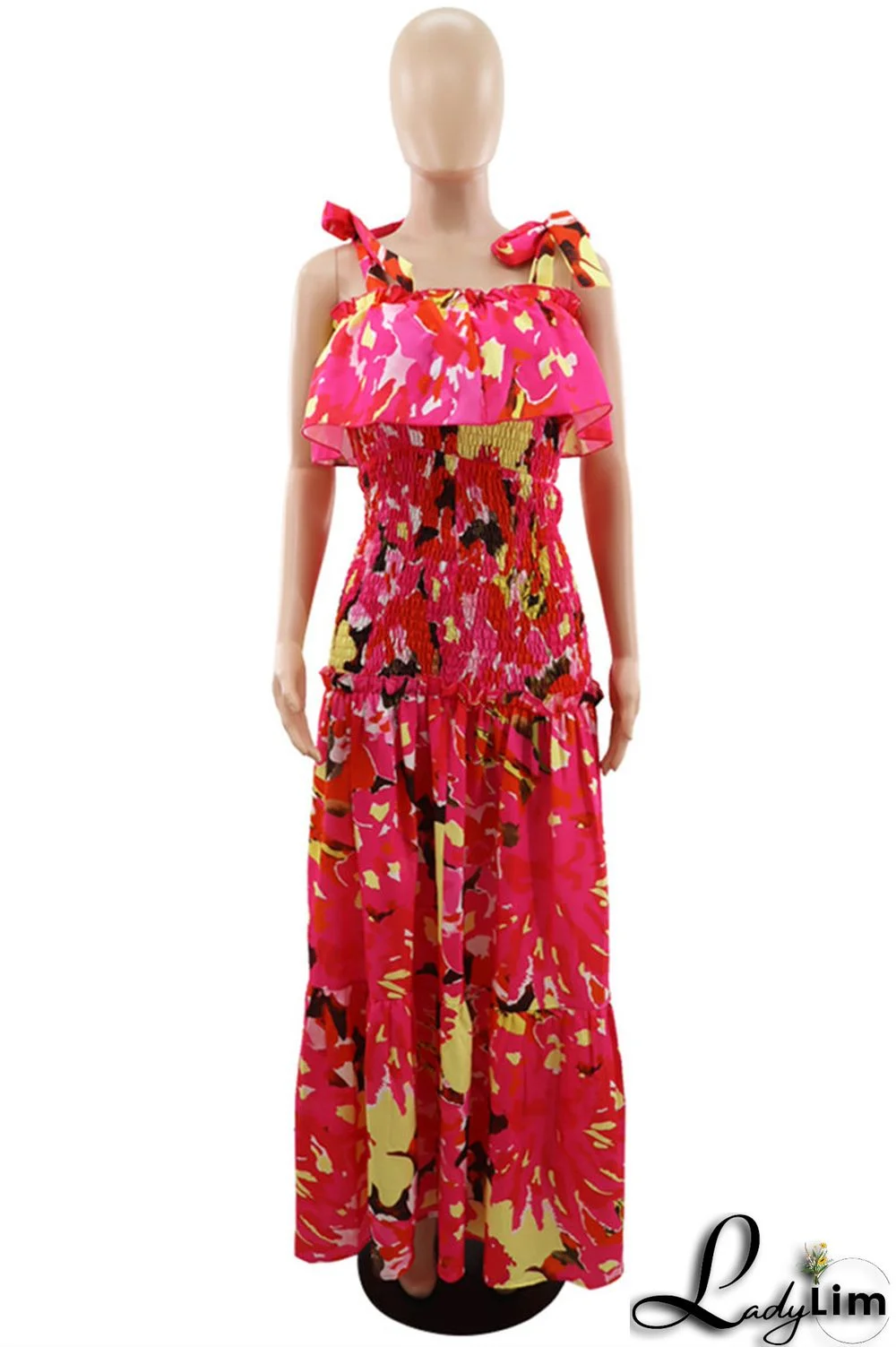 Red Fashion Sexy Print Bandage Backless Spaghetti Strap Long Dress