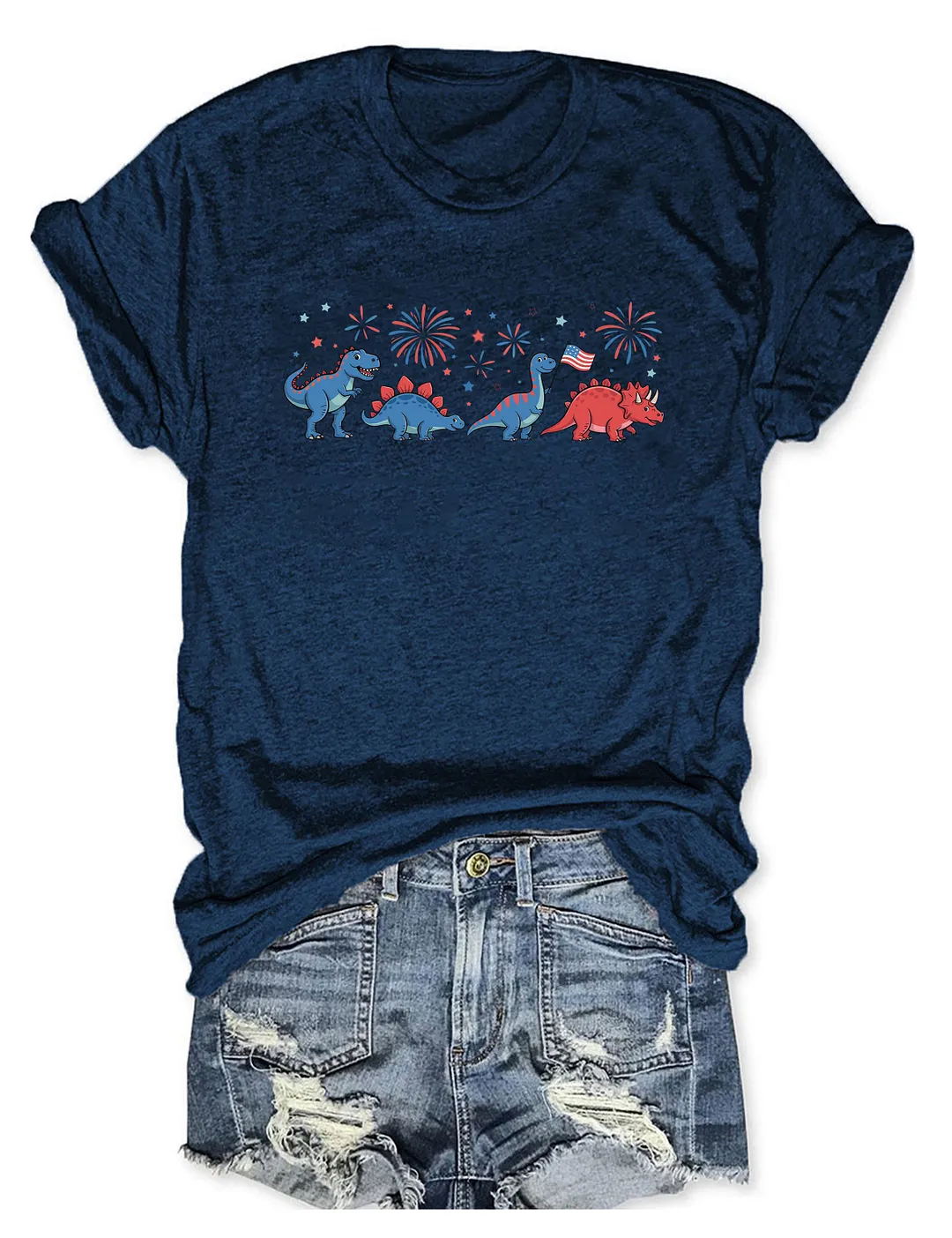 Cute Dinosaur American Flag Fireworks T-shirt