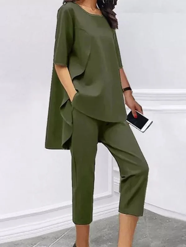Green&Black Cropped High-Low Shirt&Pants Casual Suits