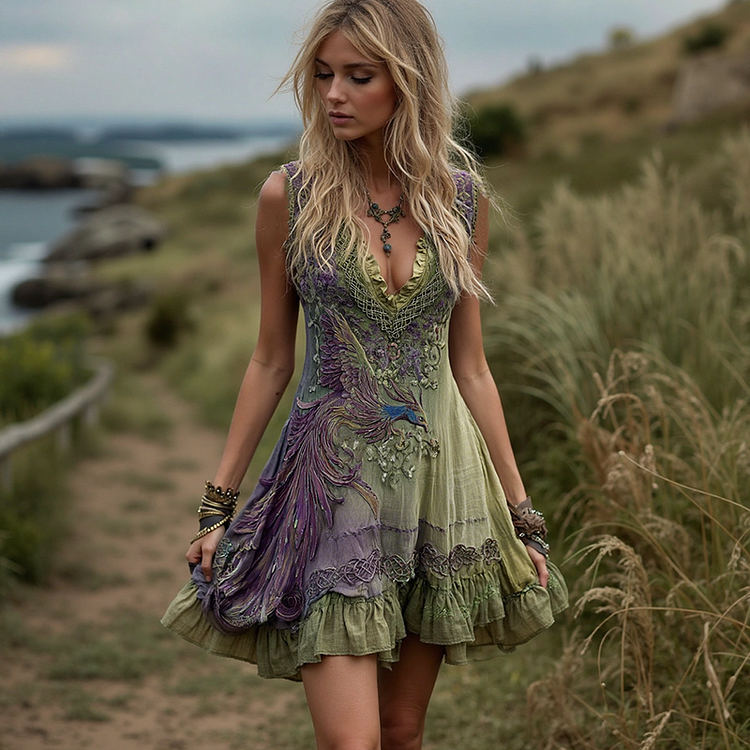 VChics Women's Vintage Viking Celtic Knot Phoenix Art Pattern Dress