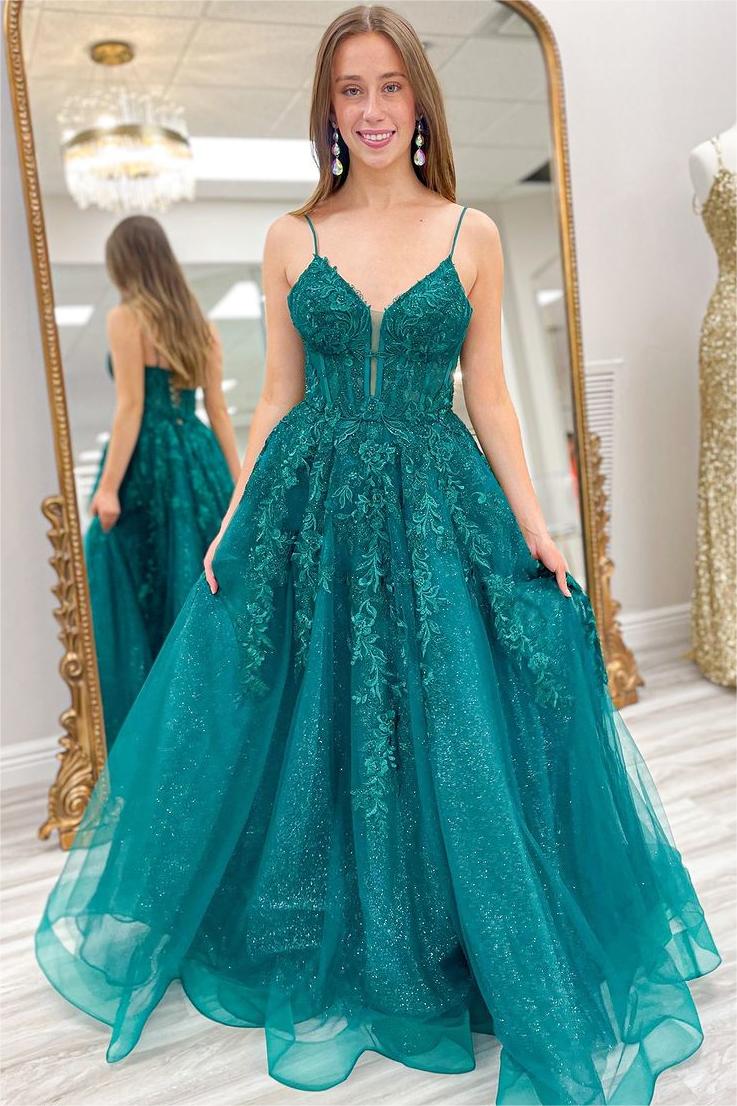 Lvs&Broner Chic Spaghetti Strap Sleeveless A Line Long Tulle Prom Dress With Appliques