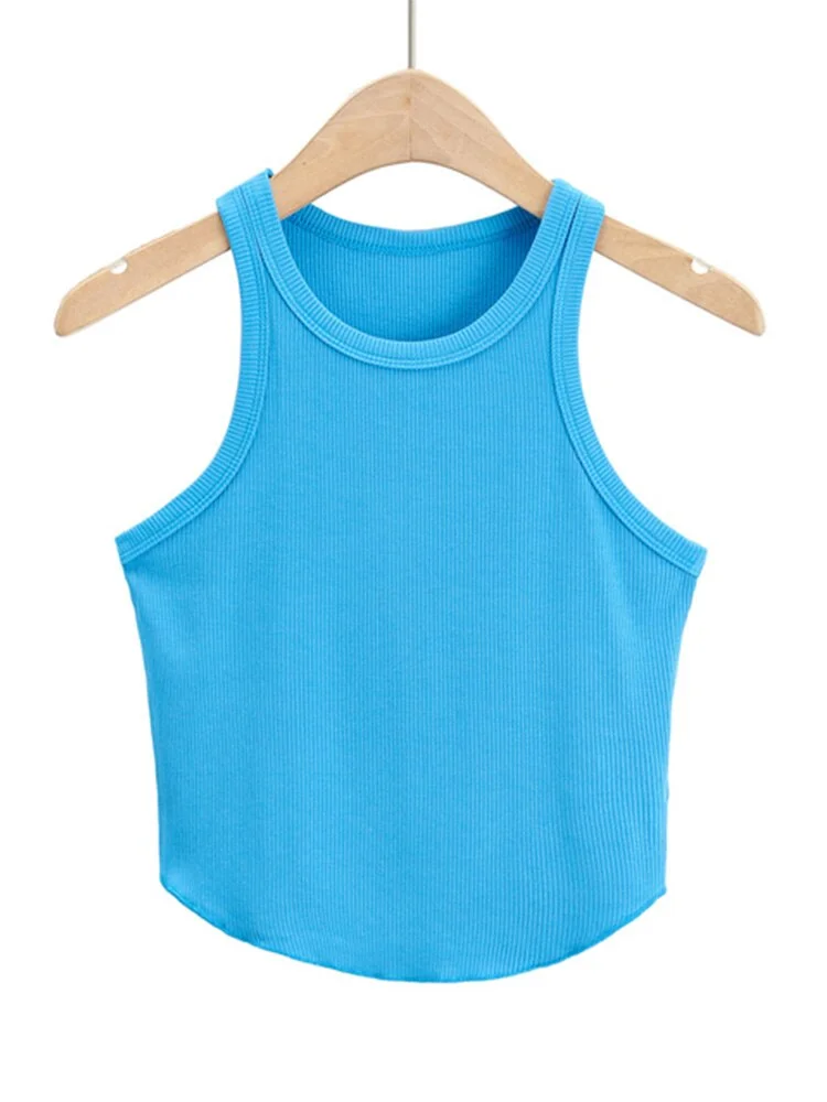 2023 Summer Solid Knitted Crop Top Round Neck Sleeveless Tanks Narrow Shoulder Vest