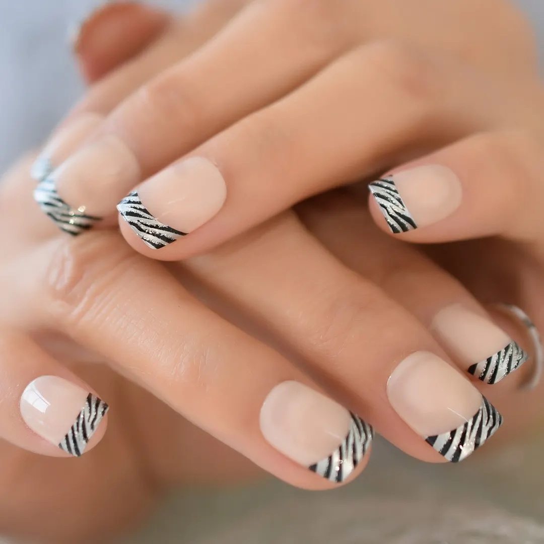 Iridescent White Instant French Nails Glitter Beveled Clear Short ...