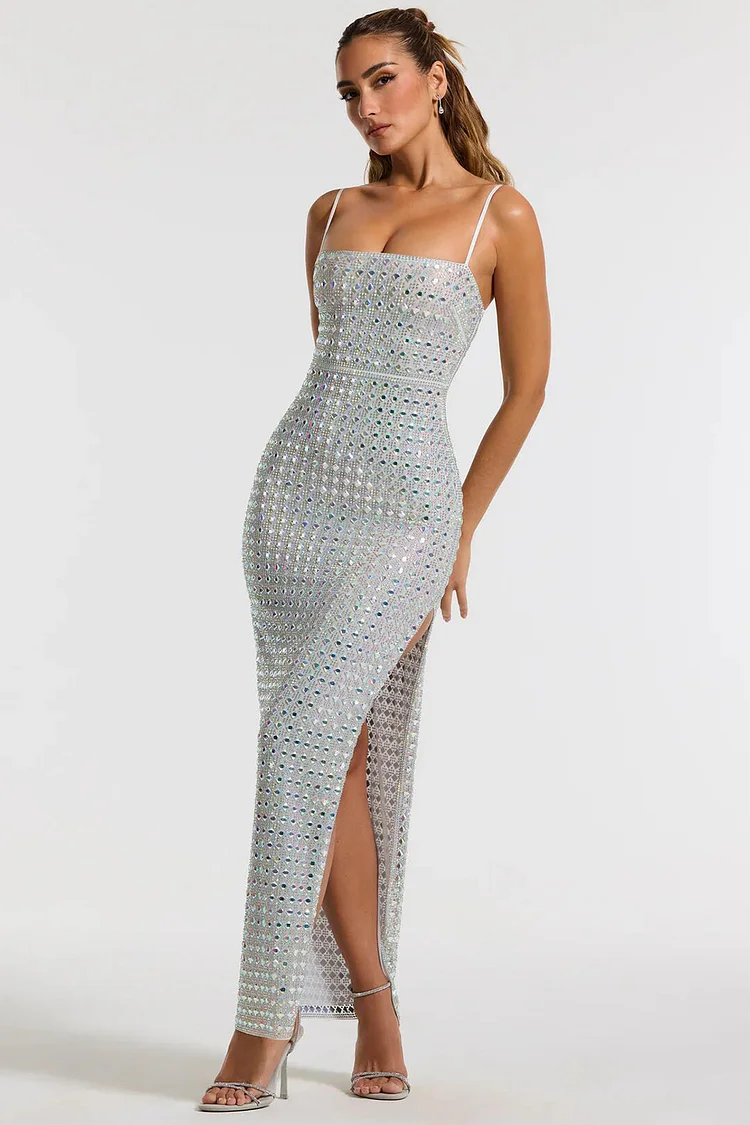 Rhinestone Embellished Split Cami Maxi Dress-Silver