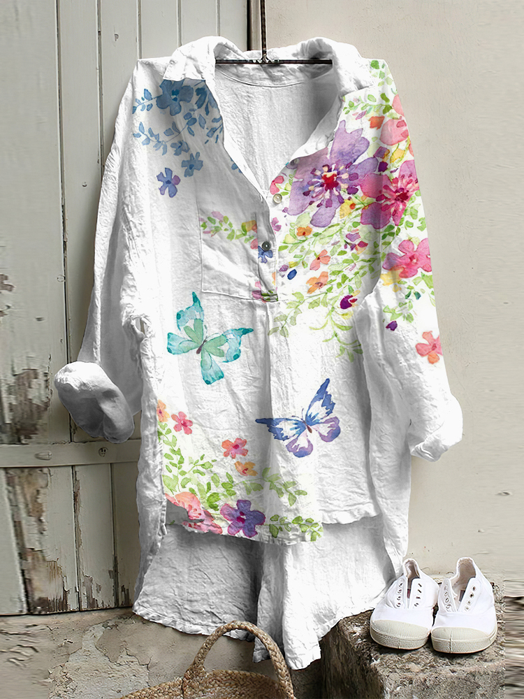 Comstylish Casual Butterflies And Floral Linen Short Front And Long Back Blouse