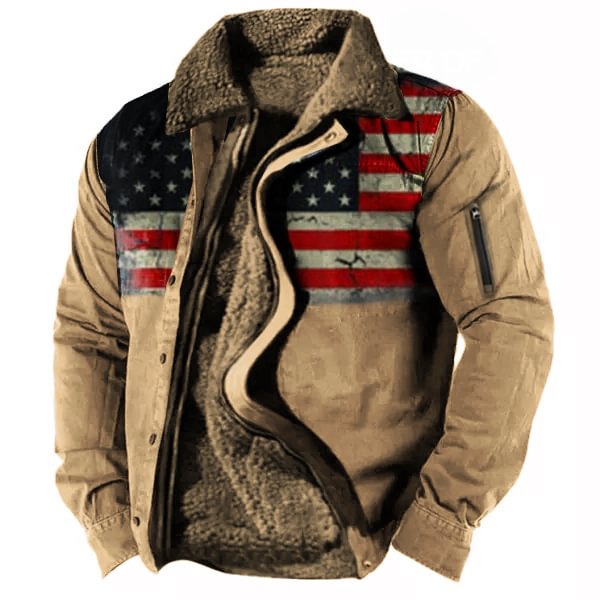 Men's Vintage American Flag Print Lining Plus Fleece Zipper Tactical Shirt Jacket
