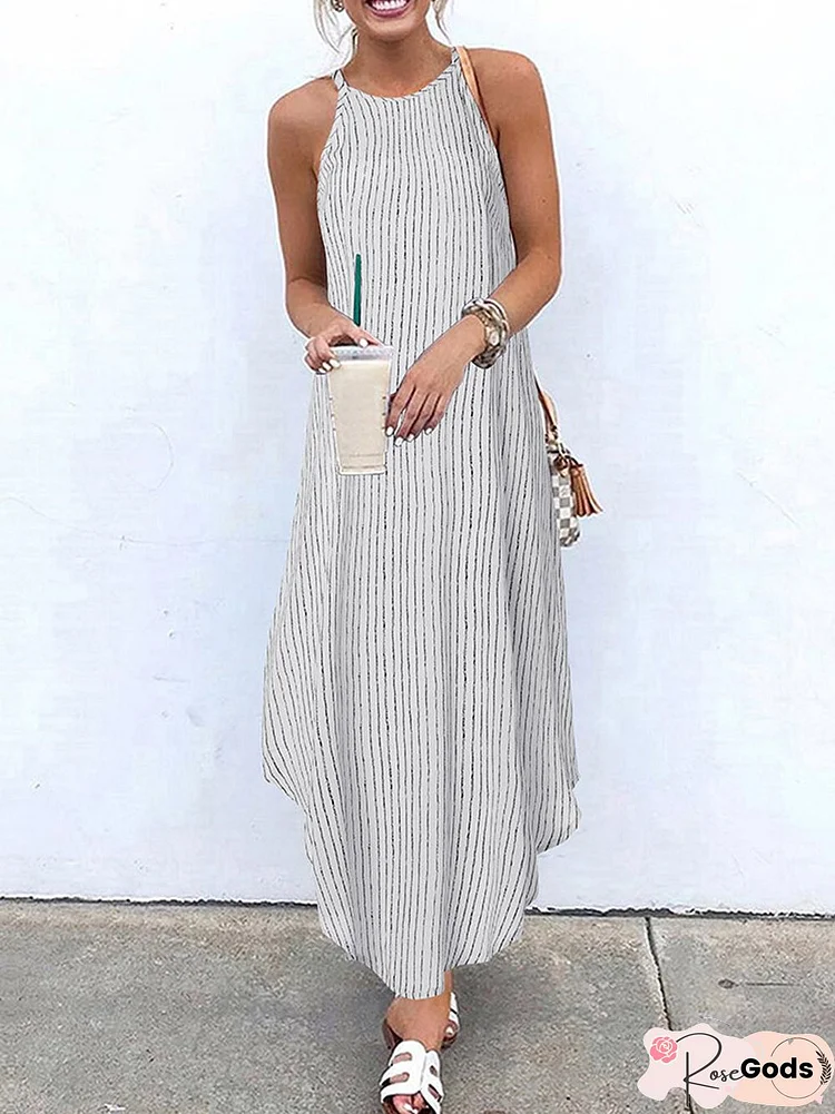 Summer Sleeveless Striped Halter Holiday Long Maxi Weaving Dress