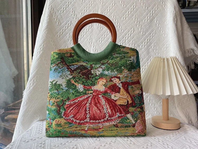 Vintage French Tapestry Figural Clutch Figural Bamboo Handle Bag