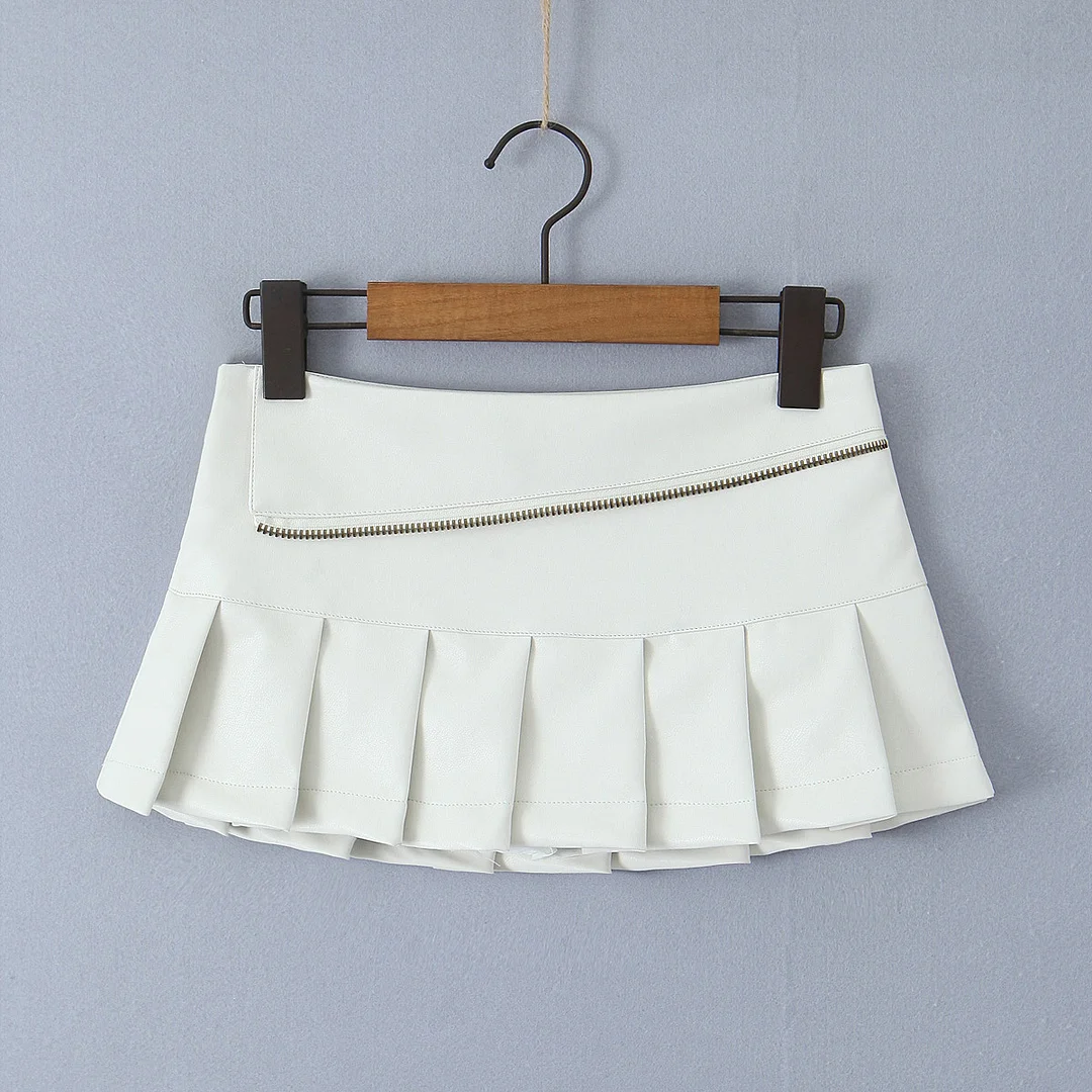 Toloer Y2K PU Leather Pleated Mini Skirt With Shorts lining Sexy Zipper Low Waist Short Skater Coffee White Black