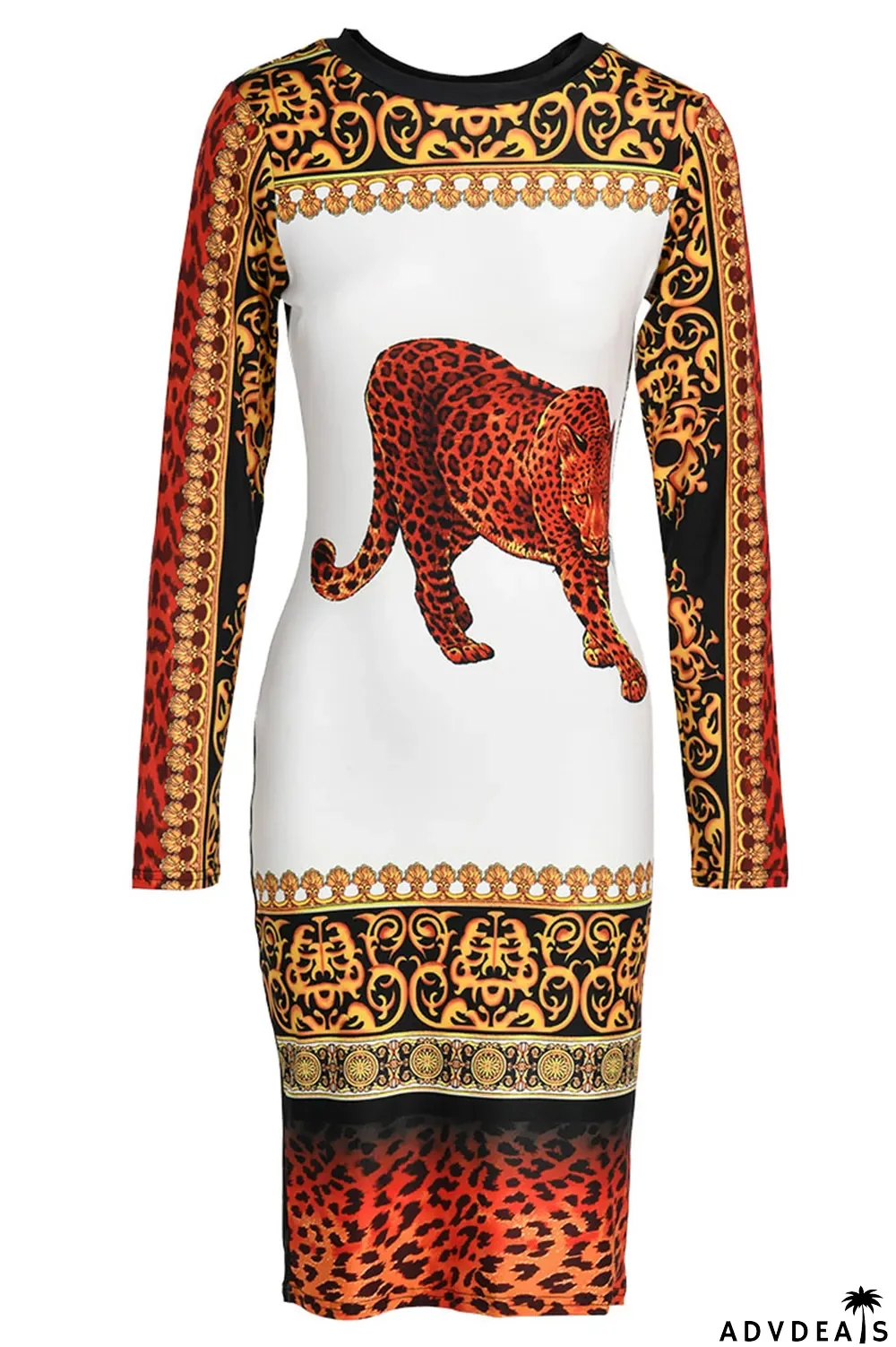 White Casual Printed Knitting Mid Calf Dress