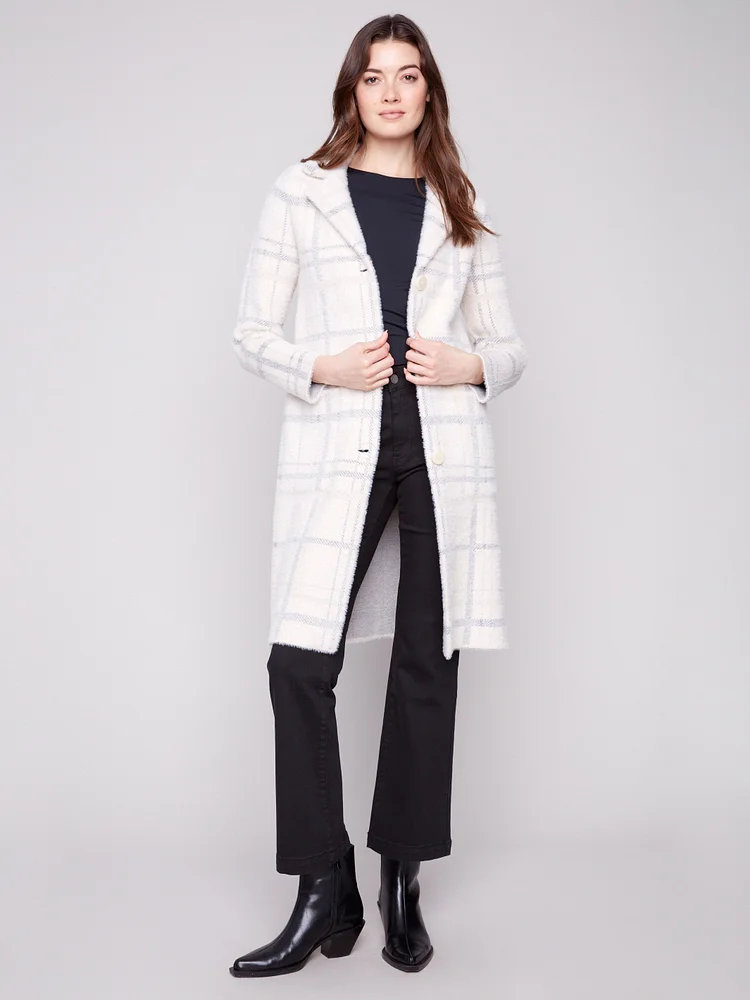 Long Plaid Knit Coatigan - Ivory