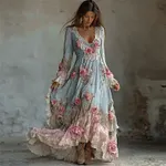 Boho Cottagecore Pink Roses Lace Layered Linen Maxi Dress - Image 2