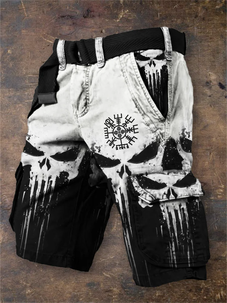 Comstylish Men's Viking Vegvisir Skulls Contrast Color Cargo Shorts