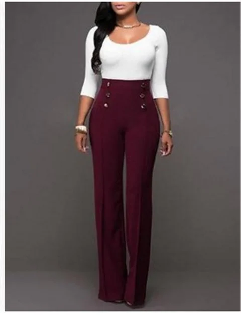 Uveng Uveng Early Autumn New Solid Color Bhabred Decorative Button Straight High Waist Broad Leg Female Trousers