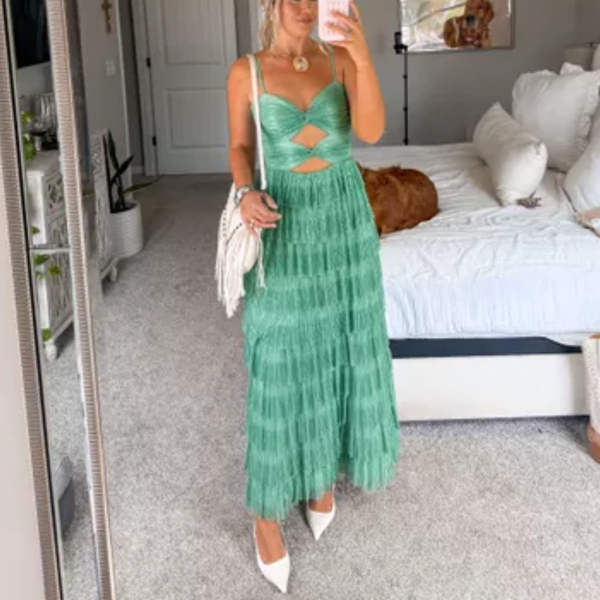 Elegant Green Pleated Maxi Dress With Cut-Out Detail