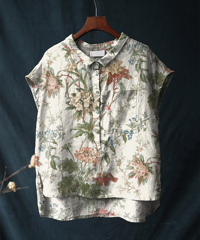 Vintage Floral Cotton and Linen Short-sleeved Casual Shirt