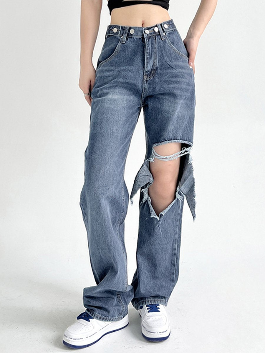 High Waist Unilateral Ripped Pants