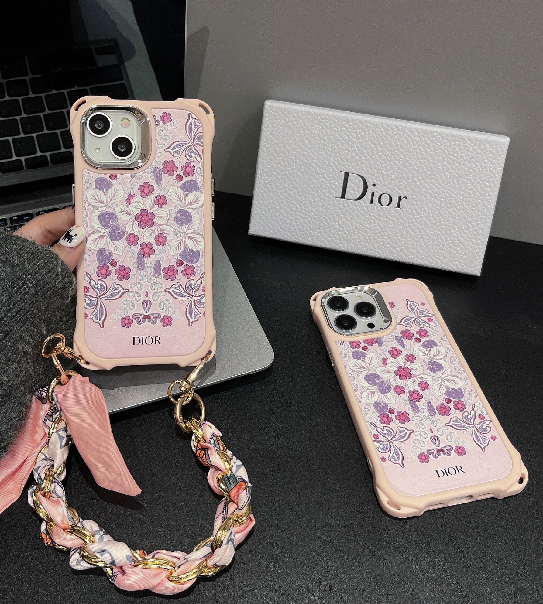 Pink Dior Floral Pattern Drop Protection Apple iPhone Case