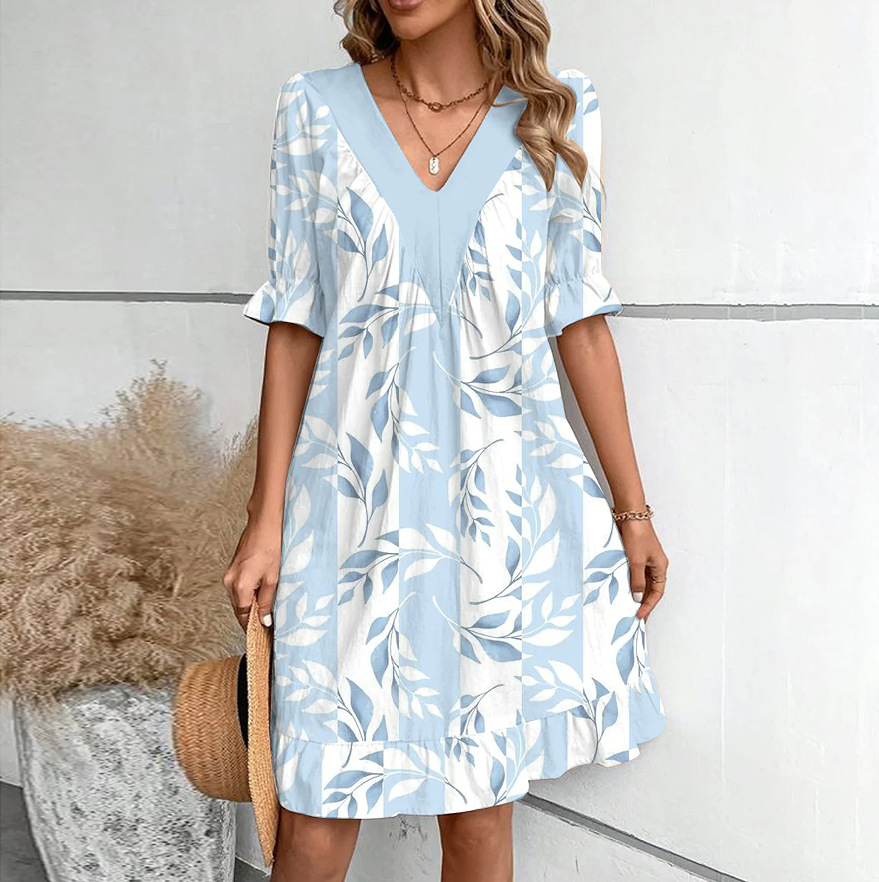 Mature Women Summer Fashion V-neck Loose Short Sleeve Dress