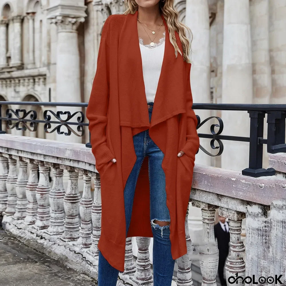 Women's Retro Autumn and Winter Lapel Oversized Solid Color Cardigan
