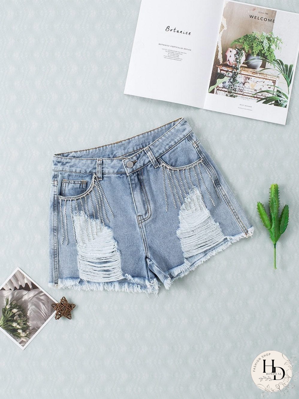 Unique Rhinestone Tassel Denim Shorts