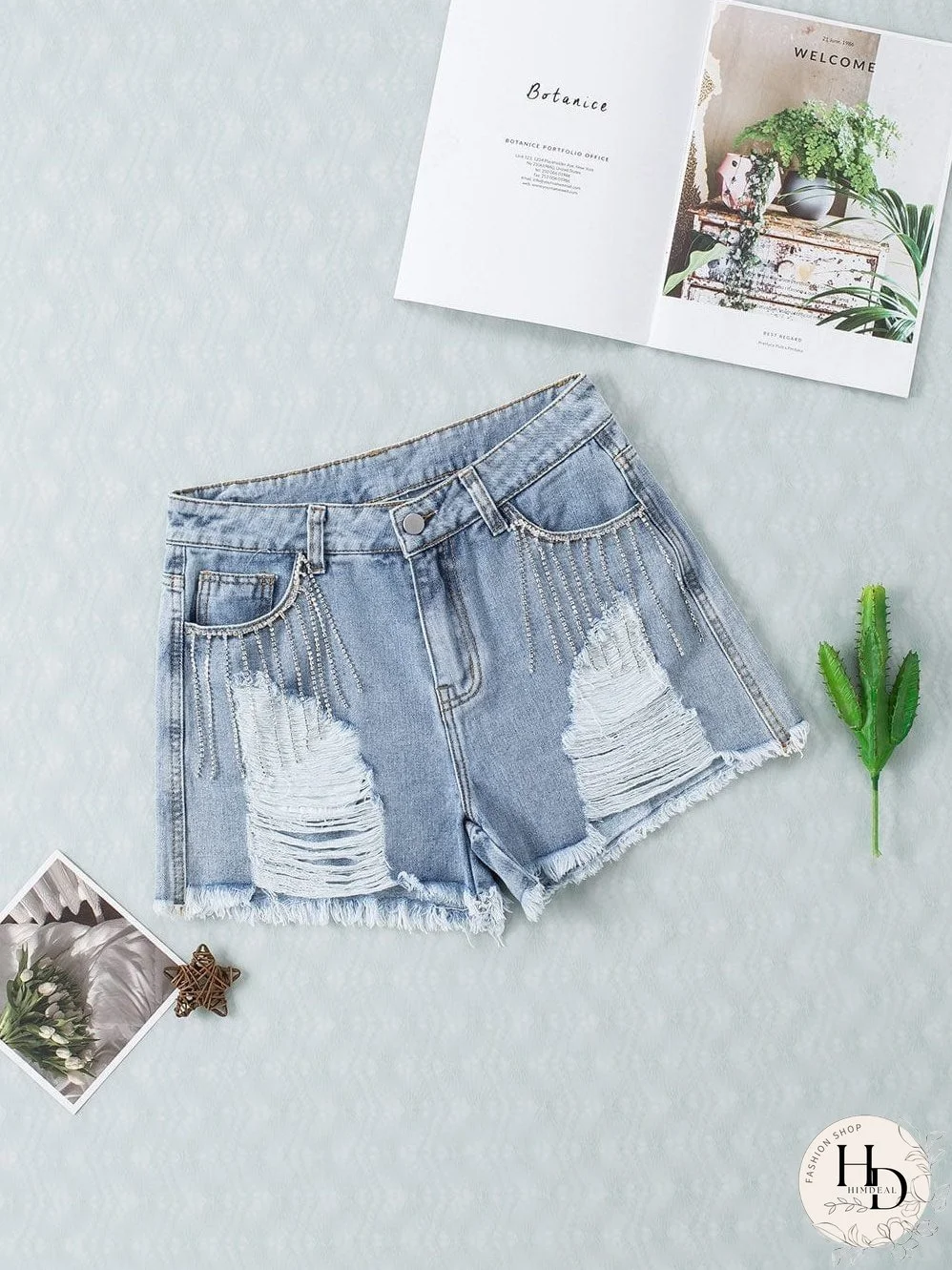 Unique Rhinestone Tassel Denim Shorts