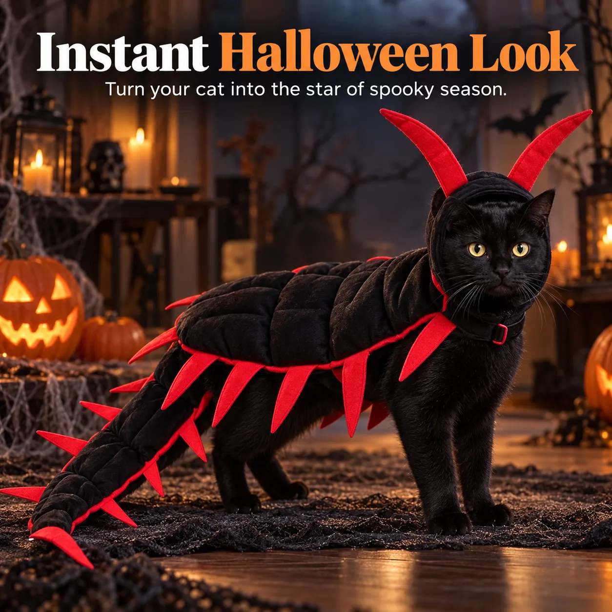 Cat wearing Halloween centipede costume indoors