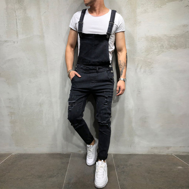 Men's Fashion Cotton Straight Casual Slim Ripped Denim Jumpsuit