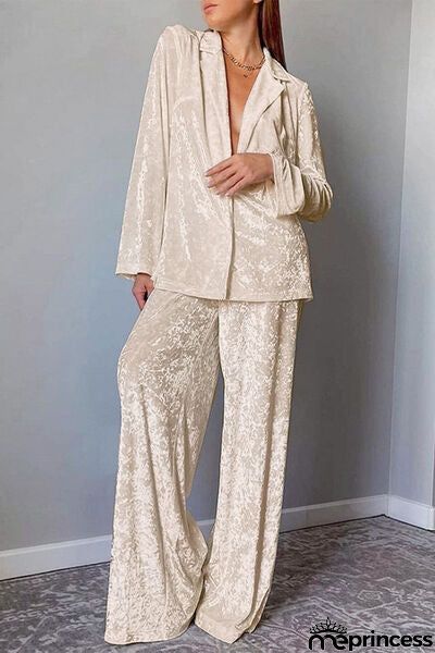 Open Front Collared Neck Top and Pants Set