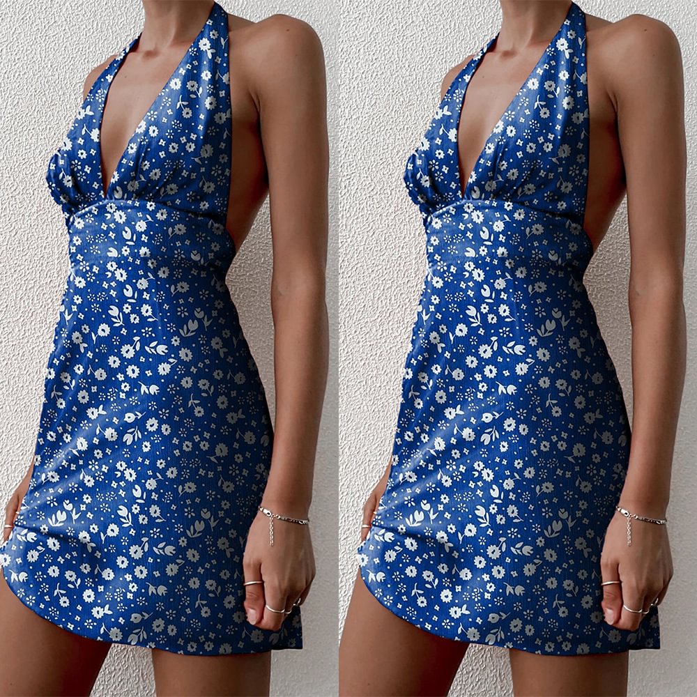 Summer Floral Printed Backless Mini Dress