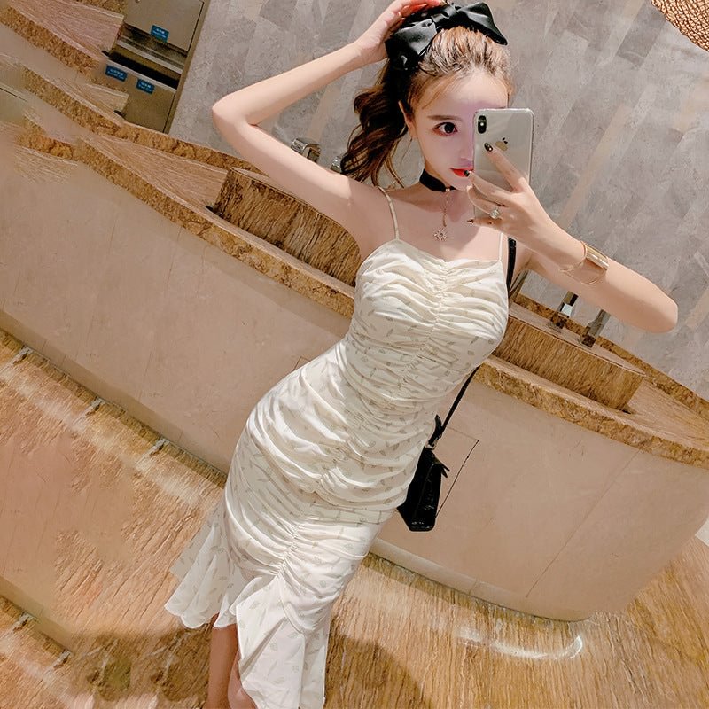 Sexy Mid-length To Long Pleated Chiffon Suspender Fishtail Dress