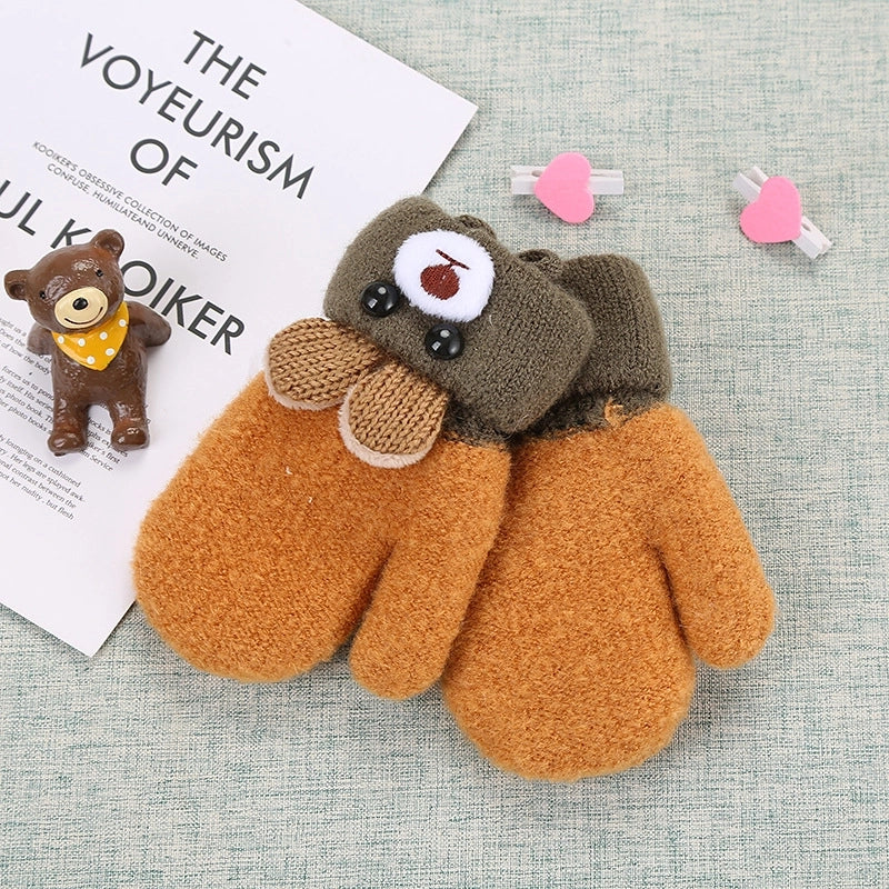 0-3 Years Old Cute Ears Bear Cartoon Children’s Gloves Winter Knitted Wool Double Plus Velvet Padded Warm