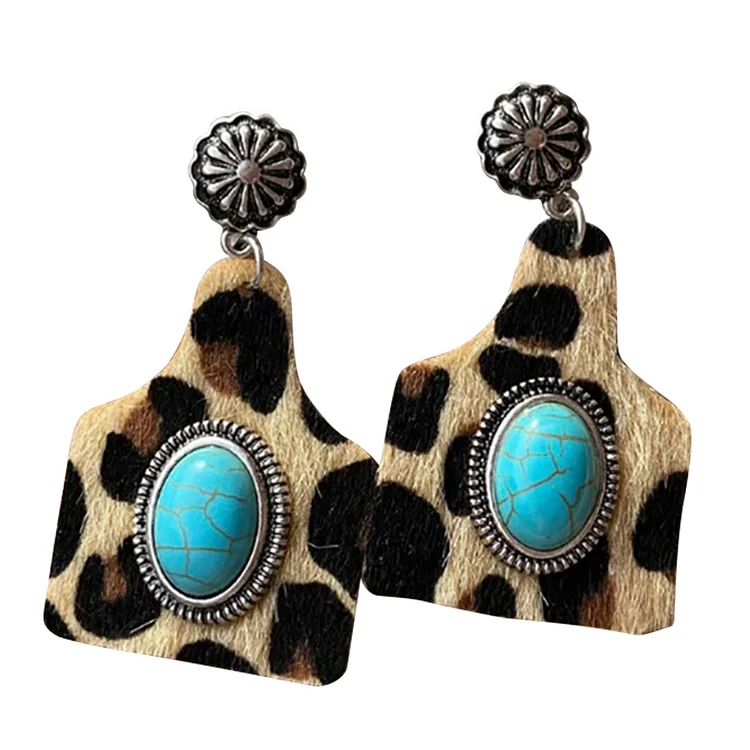 Vintage Wine Bottle Flower Turquoise Leopard Drop Dangle Earrings Jewelry-Annaletters