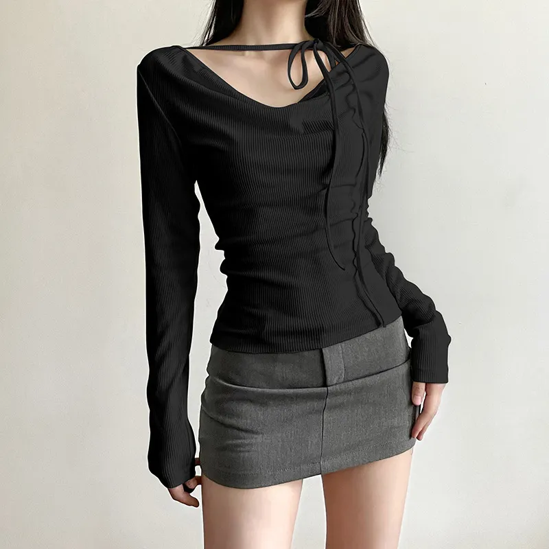 Brownm 2024 Winter New Women's Solid Color Slimming Fashion Sexy V-Neck Long Sleeve Strap T-Shirt