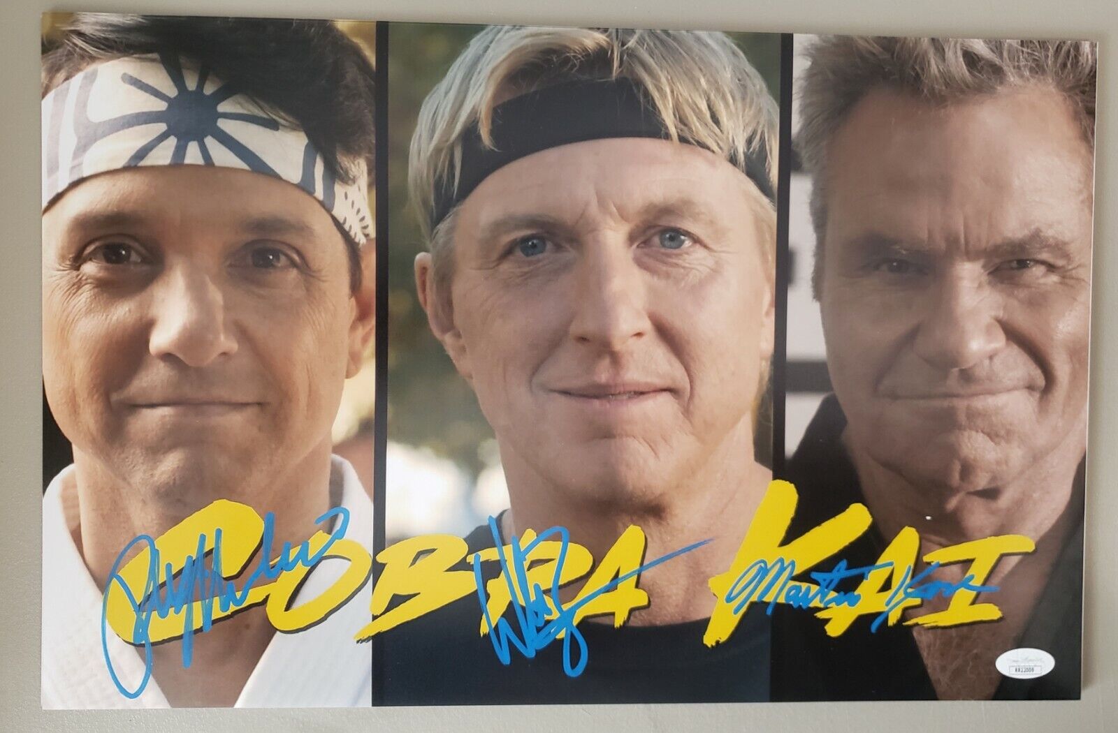 11x17 signed by William Zabka, Ralph Macchio, Martin Kove in Cobra Kai. JSA