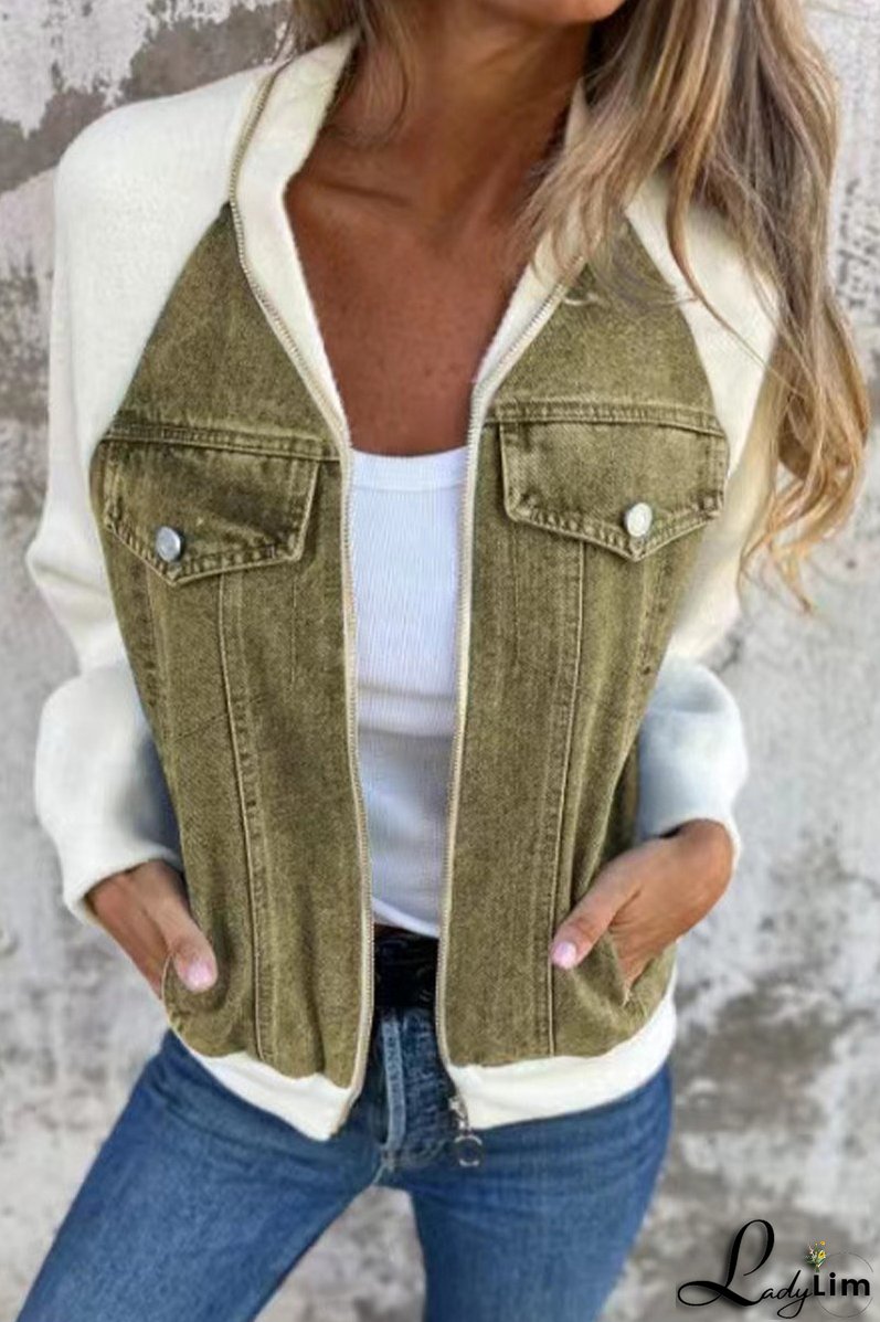 Casual Solid Color Patchwork Zipper Contrast Turndown Collar Outerwear(8 Colors)