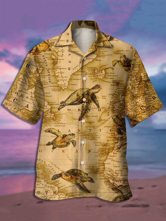 Map Turtle Print Quick Dry Casual Breathable Short Sleeve Shirt
