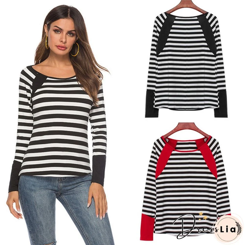 Spring Autumn Women Striped Shirt Splicing Baseball T Shirt Long Sleeve O Neck Female Casual Tops