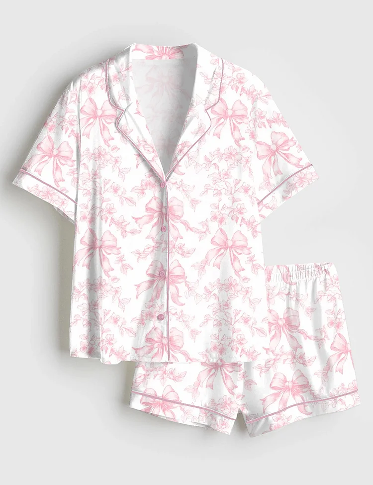 Women&rsquo;s Vintage Pink Toile Coquette Floral Short Sleeve Satin Pajama Set