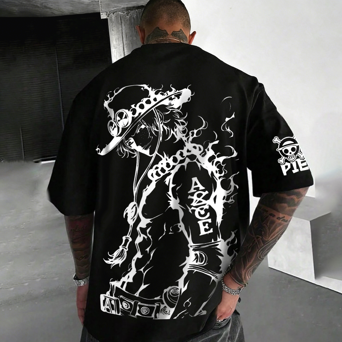 Black Ace Pirate Flame Graphic T-Shirt with Skull Sleeve Design