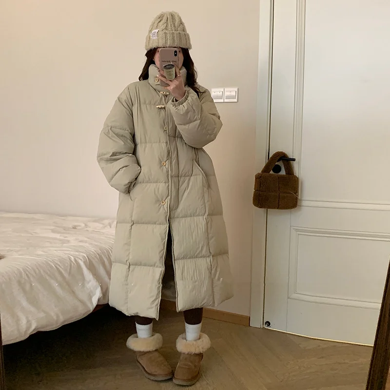 Woherb East Gate Korean Horn Buckle Long Down Jacket Female 2024 Winter Temperament Over The Knee And Thick White Duck Velvet Coat Tide-Outfit Ideas