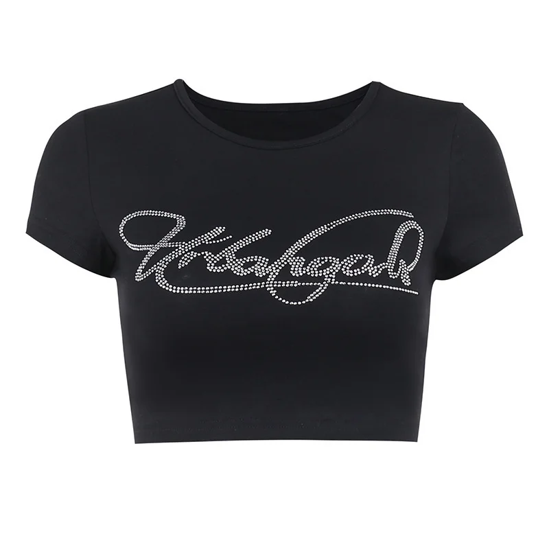 Churchf 2024 Round Collar Hot Diamond Letter Babes Short Top In Niche Summer Fashion Casual T-Shirt Girl