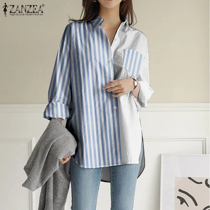 ZANZEA Korean Patchwork Tops Office Lady Spring Lapel Blusa Casual Long Sleeves Shirts Womens 2021 Cotton Linen Blouse Oversized