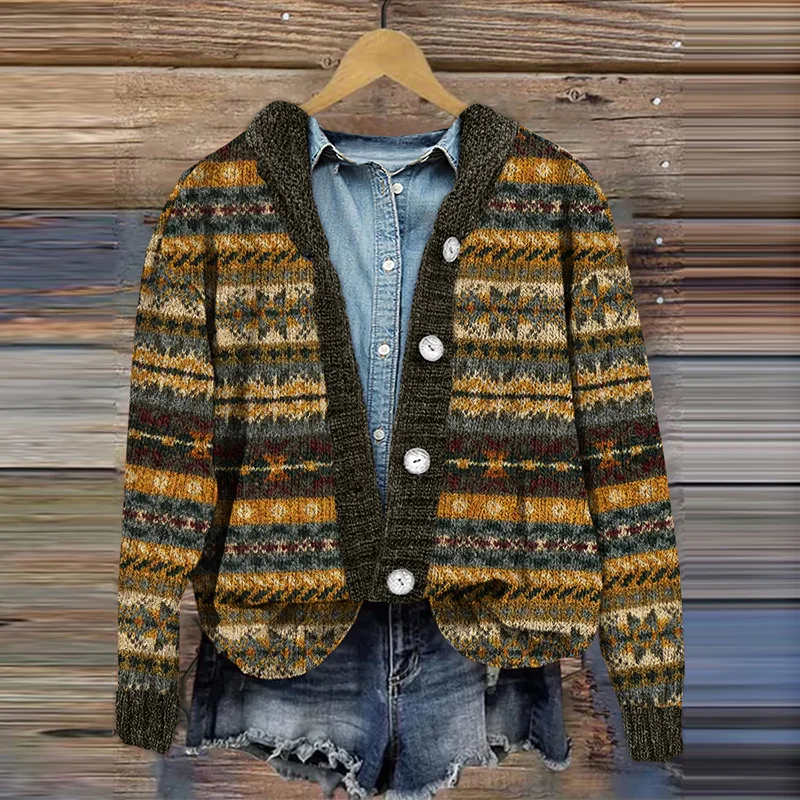 Vintage Icelandic Pattern Art Print Cozy Button Sweater